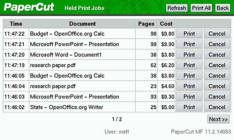 Print release screen showing the jobs awaiting release.