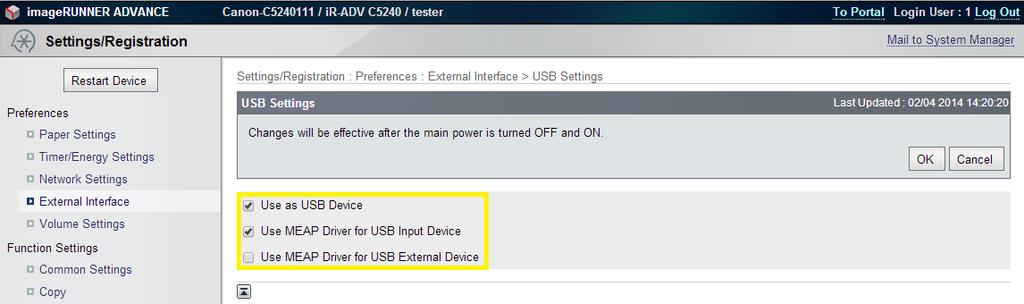 Select External Interface (under Preferences ). 3. Select USB Settings. 4. Check Use as USB Device. 5.