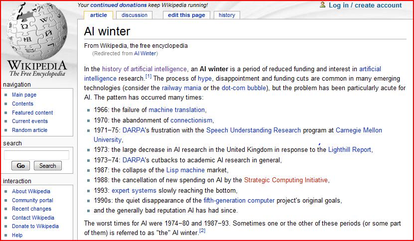 AI winters (plural) cycles of boom (enthusiasm) and bust (disappointment) associated with technology http://en.wikipedia.