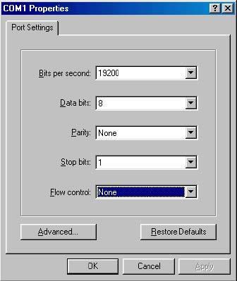 6. Select the following settings for the COM1 Properties window: Bits per second: 19200 Data bits: 8 Parity:None Stop bits: 1 Flow control: None 7.