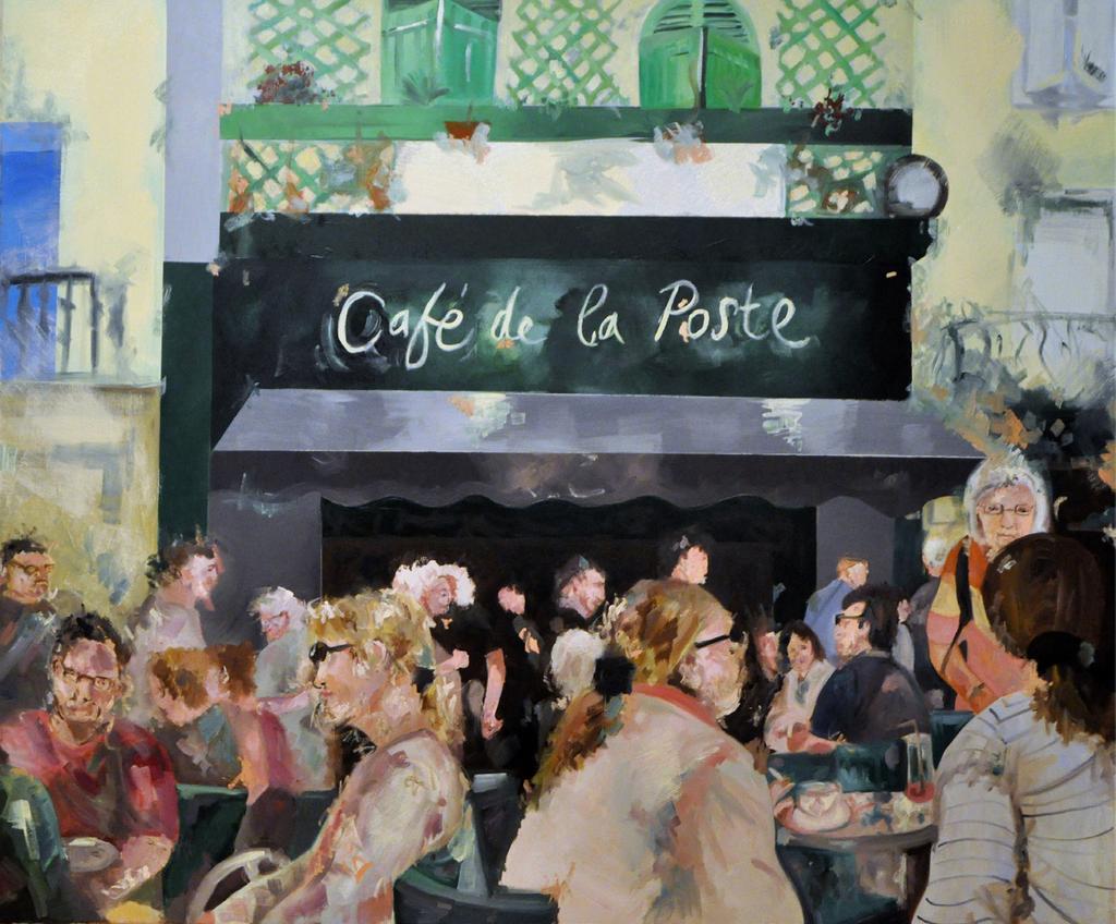 Cafe de la Poste December 2016 Size: 100 H x 120 W x 3 cm This is a scenic painting of the people gathered in the Café de