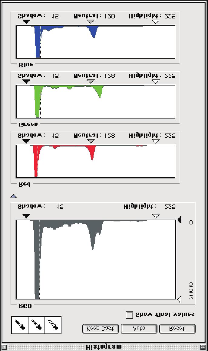 The Histogram Window 60 The Histogram Color Pickers Hide/Show Color Channels Click on this triangle to display separate histograms for each color channel.