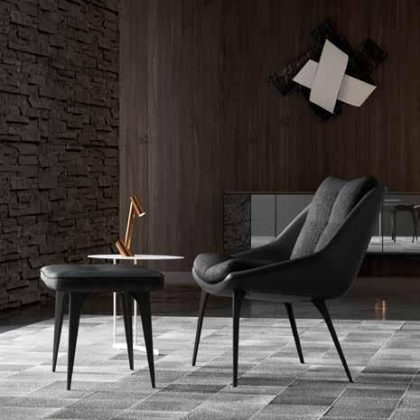 ON THE COVER: BRADHURST LOUNGE CHAIR AND OTTOMAN Shown in Pewter Fabric. HORATIO SIDE TABLE Shown in Black Oak. BALFOUR TABLE LAMP Shown in Black Chrome. 01.
