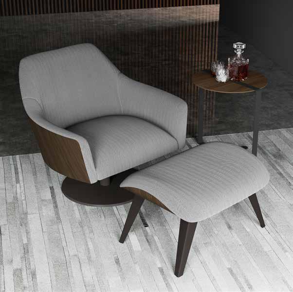 HENRY LOUNGE CHAIR AND OTTOMAN Shown in Gray Herringbone Fabric and Walnut.