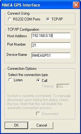 Connect Using: Select either RS232 or TCP/IP as the data connection device.