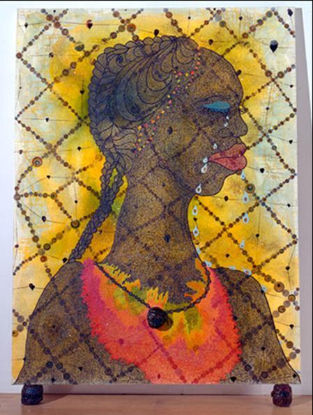 SECTION 1 EXPRESSIVE ART STUDIES (continued) Image for Q4 No Woman, No Cry (1998) by Chris Ofili, Acrylic paint, oil paint, polyester resin, paper collage, map pins, elephant dung on canvas (243.