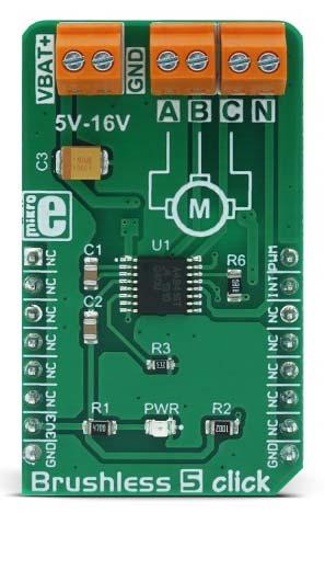 Brushless 5 click PID: MIKROE 3032 Weight: 25 g Brushless 5 click is a 3 phase sensorless BLDC motor controller, with a soft-switching feature for reduced motor noise and EMI, and precise BEMF motor