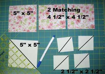 You will be making 12 Heart Blocks so chain stitch each sub-step 12 times ;) For each heart Block you will need (1) 5" x 5" solid cream square, (4) 2½" solid cream squares, and Matching (1) 5" x 5"