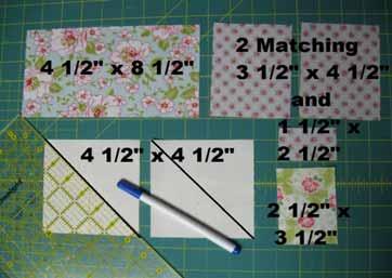 floral rectangle, and Matching (2) 3½" x 4½" small tone-on-tone rectangles and (1) 1½" x 2½" small tone-on-tone rectangle. Draw a diagonal line on the wrong side of the (2) 4½" solid cream squares.