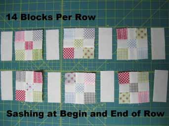 Place the sashing units onto the 9 patches with right sides together. Stitch a 1/4" seam along the edge.