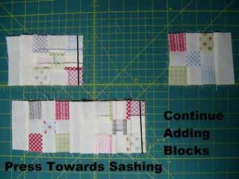 second sashed blocks with right sides together. Stitch a 1/4" seam along the edge.