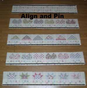 Align and pin each row, starting at the center and two ends and easing everything