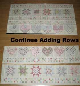 Press the seam allowance towards the sashing. Now, place the third row onto the now sewn together first and second row with right sides together.