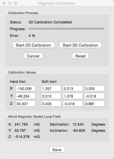 Page 7 of Version. 7//6.9. Magnetic Calibration The magnetic calibration dialogue allows the user to perform magnetic calibration as well as view and modify the magnetic calibration values.