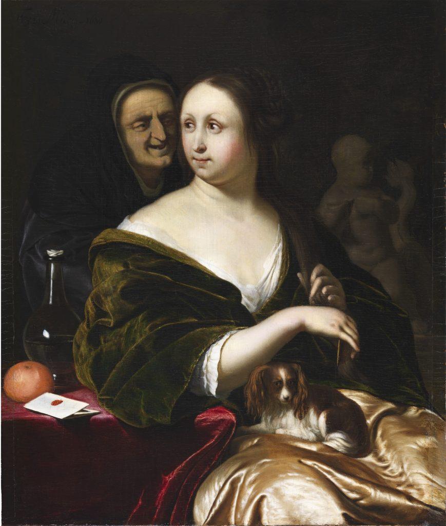 Woman with a Lapdog, Accompanied by a Maidservant (probably Frans van Mieris (Leiden 1635 1681 Leiden) 1680 oil on