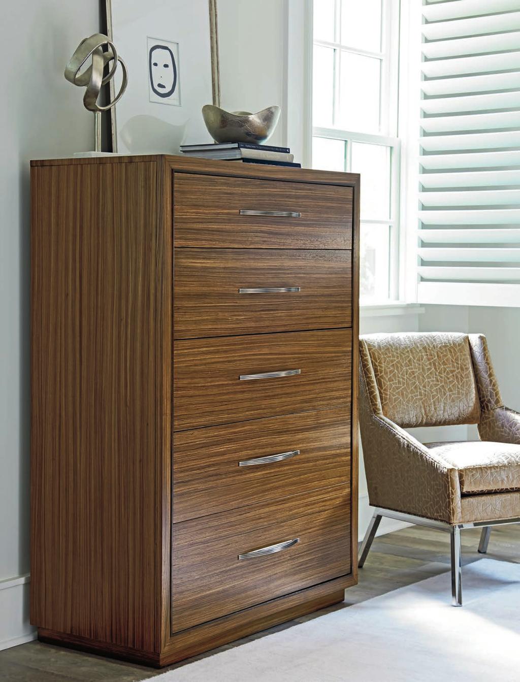 The 68-inch Haydon dresser and 5-drawer Minton chest on the opposite page showcase the long, elegant grain lines of