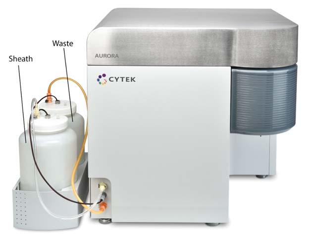 The fluidics tanks are contained in a holding reservoir located on the left side of the cytometer (Figure 5). The 4-L tank with the transparent fluidic line is for sheath solution.