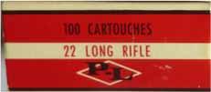 CARTOUCHERIE FRANCAISE Red & White Issues LR-3.22 LONG RIFLE. Box of 100. Red and white box with red and black printing. One-piece box with side flaps. The box contains two trays of 50 each.