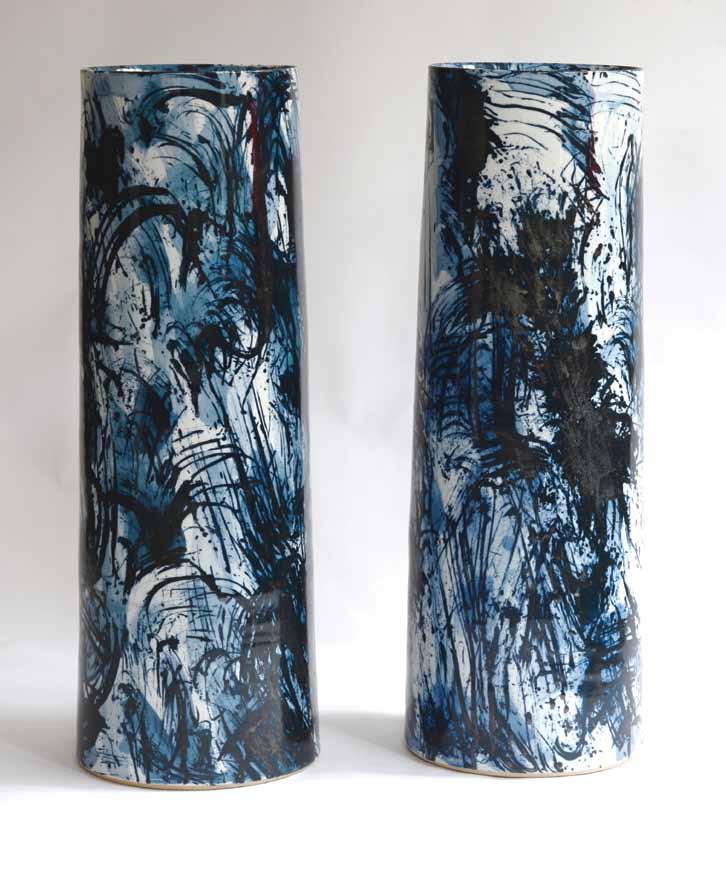 Above: Pair of Tall Blue & White Scribble Vases. 2015. Thrown and glazed porcelain, painted with cobalt blue oxide. 91 x 32 cm. (35.825 x 12.625 in.) Facing page: Pair of Still-Life Fencai Vases II.