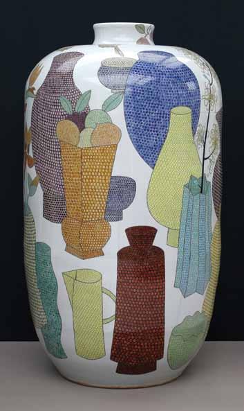 Facing page: Pattern Puzzle. 2012. Thrown and glazed porcelain with hand painted fencai overglaze enamel. 177 x 67 cm. (69.75 x 26.375 in.) Top left: 3 Vases Still Life.