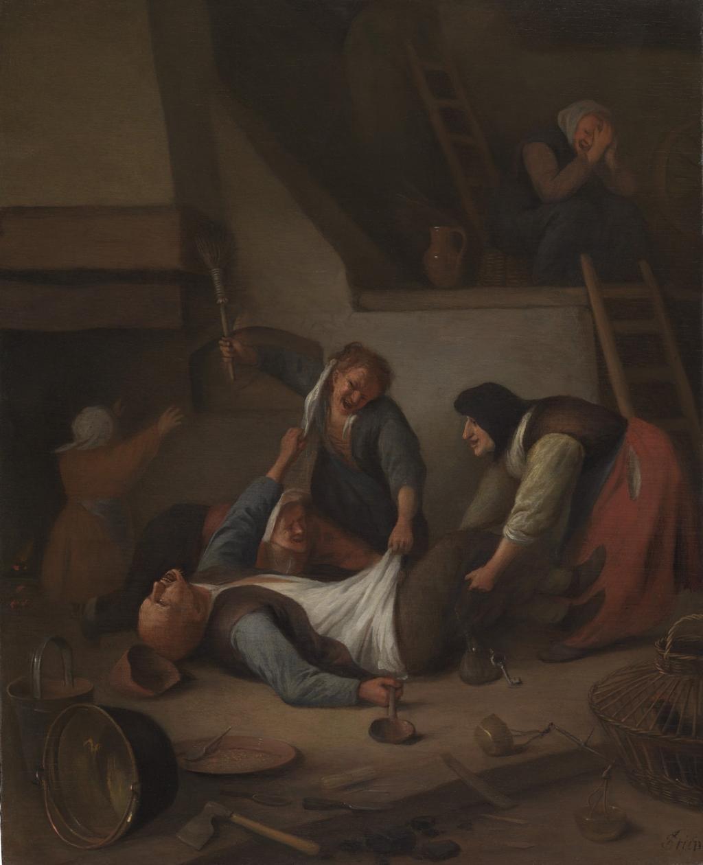 Interior with Women Thrashing a Man ( Peasants Fighting ) ca.