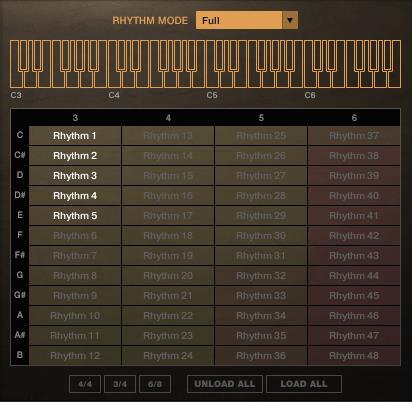 Manual Mode: In this mode, chords are selected via 2 sets of keyswitches within the fretting range. The first set (blue keys) determines the key and the second (red) selects one of 12 chord types.