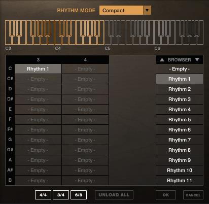 Compact Mode: This mode allows you to load up to 24 patterns, which get mapped only to a 2 octave range between C3 and B4.