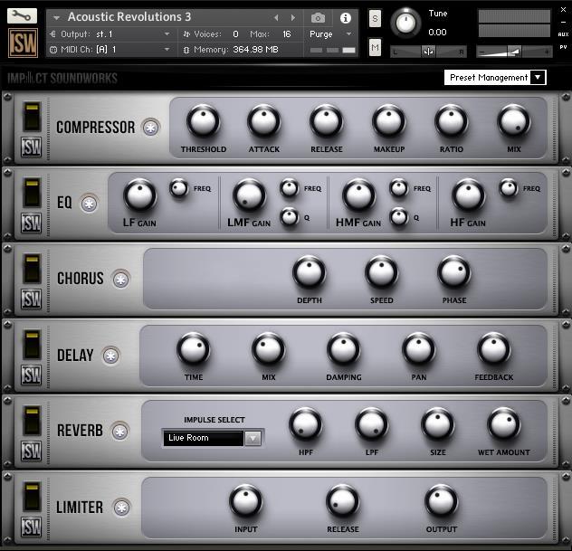 FX RACK Our easy-to-use FX rack features an analog-modeled parametric EQ, compressor, chorus, delay, convolution reverb and limiter.