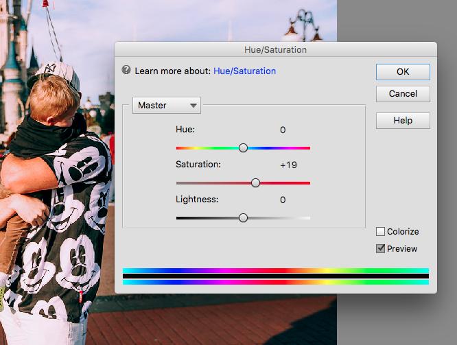 Saturation works on a slider so we ll slightly add saturation to make the color of our photo pop.