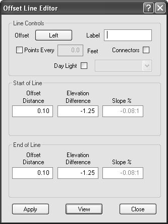 Offset Line Editor Offset Lines are a powerful method of creating lines based upon numeric distances and elevations from a specified reference line (such as creating the bottom of curb from the top