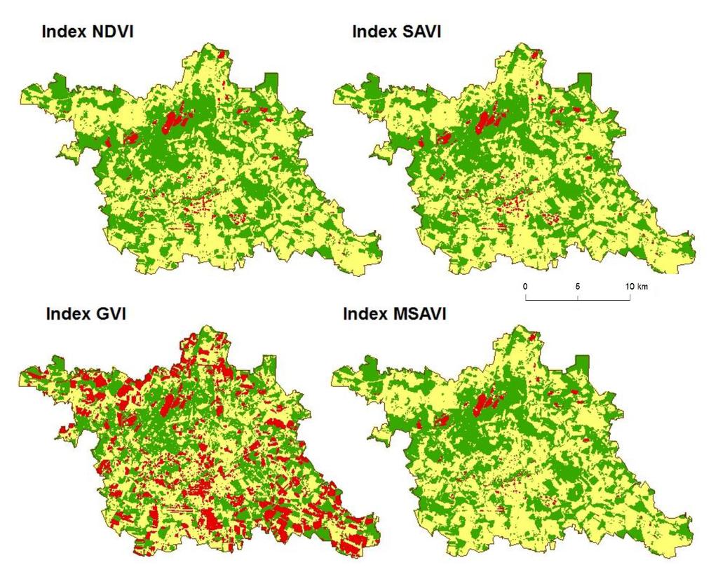 Proceedings, 7th International Conference on Cartography and GIS, 18-23 June 2018, Sozopol, Bulgaria Figure 5: Comparison of classified NDVI, SAVI, GVI and MSAVI indices for year 2007 Analysis of