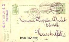 50 5 green Agriculture and Trade "Pour l'intérieur" postal card from Luxembourg city to Leiden, Netherlands + stamp.