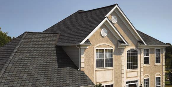 DESIGNER SHINGLES Shown in Smokey Quartz Single layer fiber glass-based construction Blended shades and dimensional appearance of natural slate 8" exposure, 18" x 36" size, 20 lbs per square Lifetime
