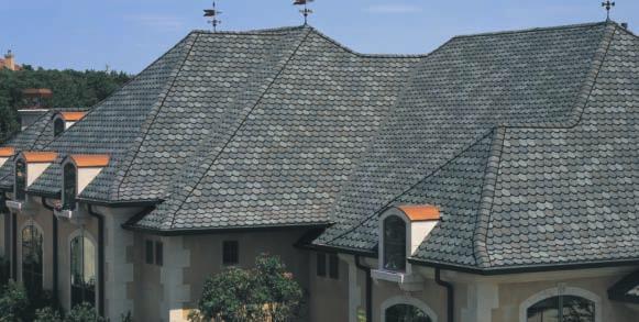 LUXURY SHINGLES Black Pearl Shown in Stonegate Gray Brownstone Two full-size, fiber glass base shingles Unique chamfered cut for scalloped appearance Four-layer coverage when applied 355 lbs.