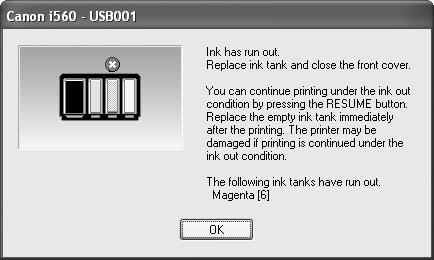 Printing Maintenance The following message appears when ink is empty. Printing will resume as soon as an ink tank is replaced and the front cover is closed.