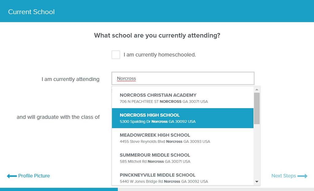 Add your school Follow these simple steps to add your current school of attendance: Type in full name of school Make sure address of school is correct Select school from