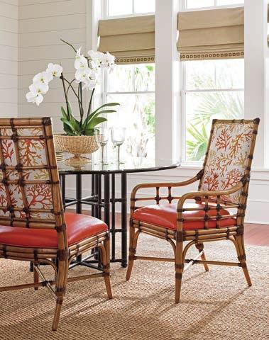 Offering two unique looks, the Summer Isle dining chairs shown here feature an upholstered seat and inside back. The Seaview dining chairs on page 23 offer an open- back option on the same frame.