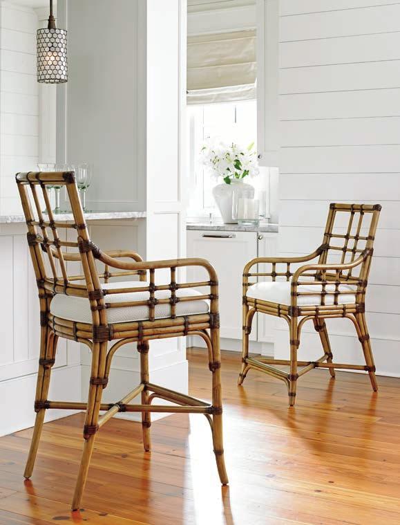 The Lands End leather- wrapped rattan bar and counter stools offer a great look and