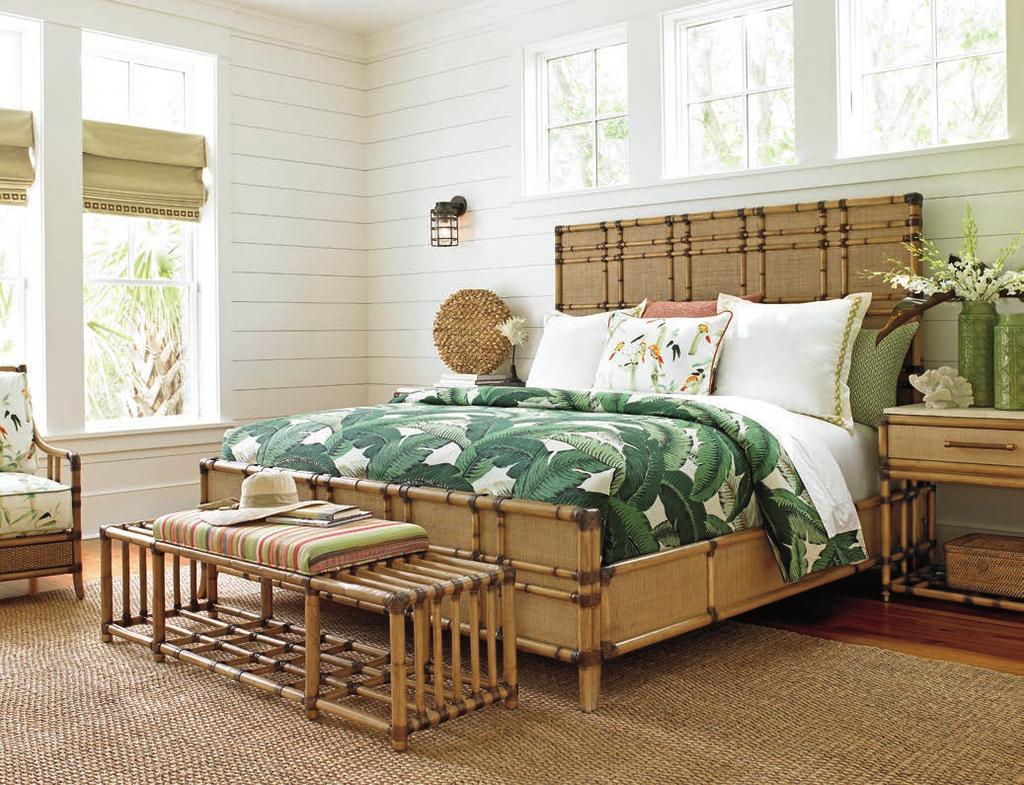 BEDROOM The Coco Bay bed sets the tone for the lifestyle, highlighting the beauty of woven raffia panels and leather- wrapped bamboo carvings on the headboard, footboard and side rails.