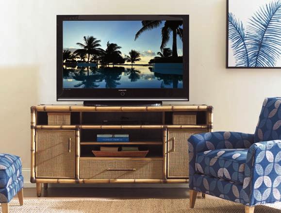 Twin Palms offers two media console configurations. The 64- inch Windjammer console features open compartments at the top, with the ability to house a full- length sound bar.