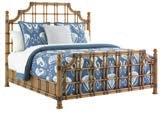 Leather wrapped bamboo carved frame over raffia panels on headboard, footboard and side rails, saber feet. Headboard 80.5W x 65H in. Footboard 81.75W x 22.25H in. Overall length 88.75 in.