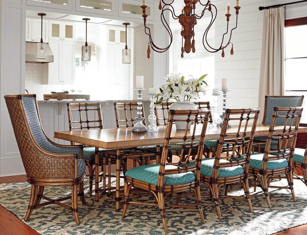 DINING ROOM Proving that a casual lifestyle and a sophisticated designer look are not mutually exclusive, the Caneel Bay dining table is shown in this elegant setting, with Balfour upholstered chairs
