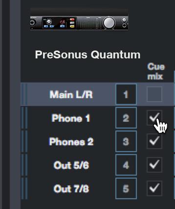 Mute (Quantum). Mutes the Main Left / Right Outputs. 6. Mono (Quantum). Sums the stereo Main Left / Right Output signal to mono. 6.5 Monitor Mixing in Studio One You can set up monitor mixes with your Quantum interface using Studio One s unique Cue Mix feature.