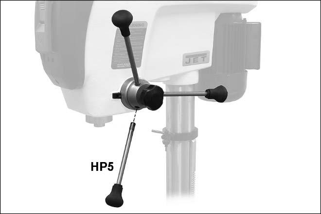 Mount column locking handle (HP3, Figure 9) to rear of table bracket. The quickest way to install this is to remove the handle by unscrewing the screw with its spring (L).