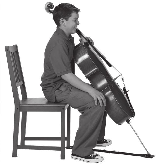 forming a triangle with both feet. Sit down on the edge of your chair and bring the cello into your body.