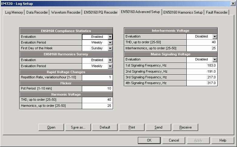 Chapter 5 Configuring the EM720 Configuring the EN50160 Recorders EN50160 Advanced Setup The EN50160 Advanced Setup allows you to configure the EN50160 evaluation options in your meter.