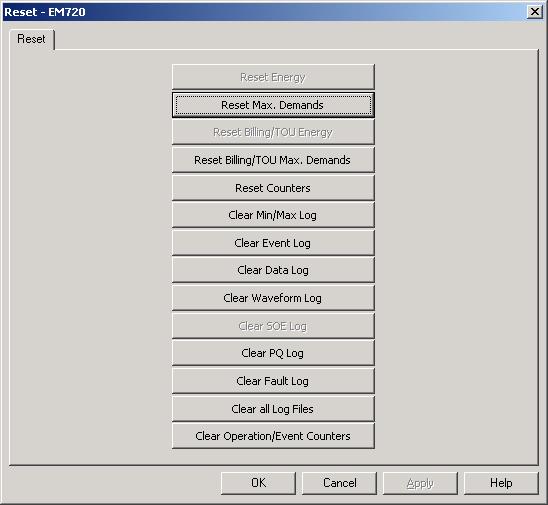 Chapter 6 Device Control and Upgrading Resetting Accumulators and Log Files Using PAS To open the Reset dialog, select a device site from the list box on the toolbar, check the On-line button, and