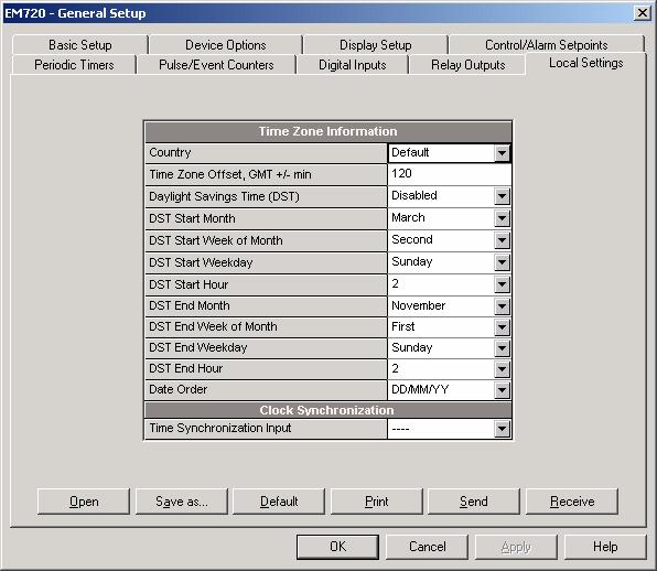 Chapter 5 Configuring the EM720 General Meter Setup N = S 2 P 2 Local Settings This setup allows you to specify your local time zone, daylight saving time options and time synchronization source.