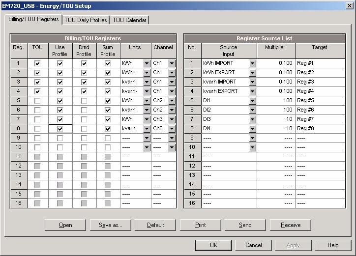 Chapter 5 Configuring the EM720 Configuring Billing/TOU Configuring Billing/Tariff Registers To configure the meter billing/tou registers, select Energy/TOU from the Meter Setup menu.