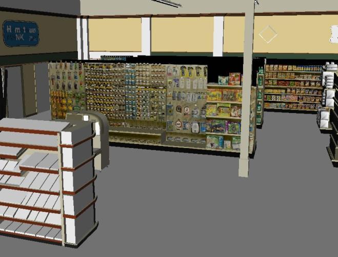 Contrary to the one-wall display, the virtual store remained stationary while the user physically turned the shopping cart device to the desired direction.